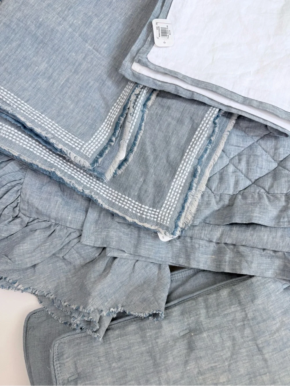 POTTERY BARN Belgian Flax Linen Fringed Border Stitch Standard Sham Chambray